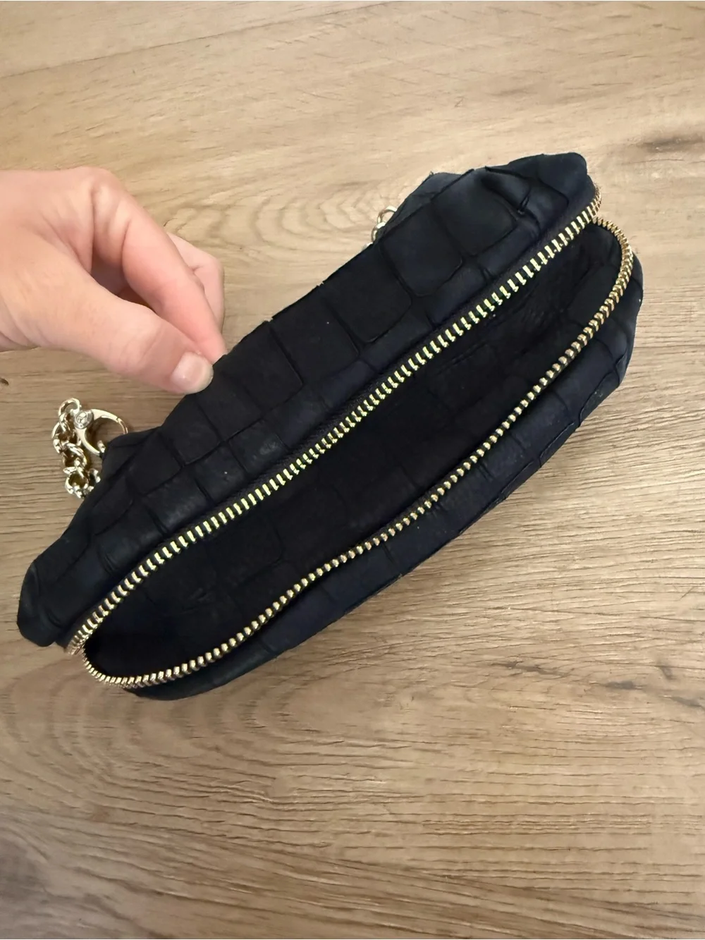 Henri Bendel Black Leather & Gold Classic Clutch with Purple Lining Small